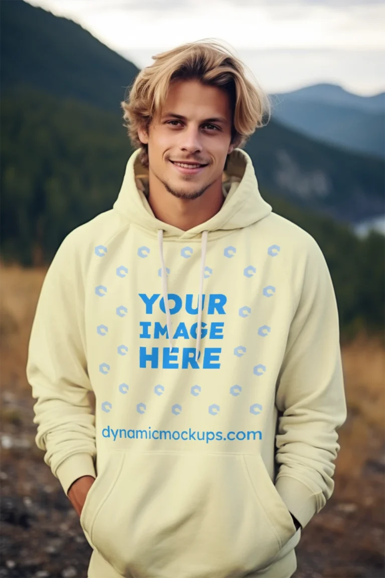 Man Wearing Cream Hoodie Mockup Front View Template