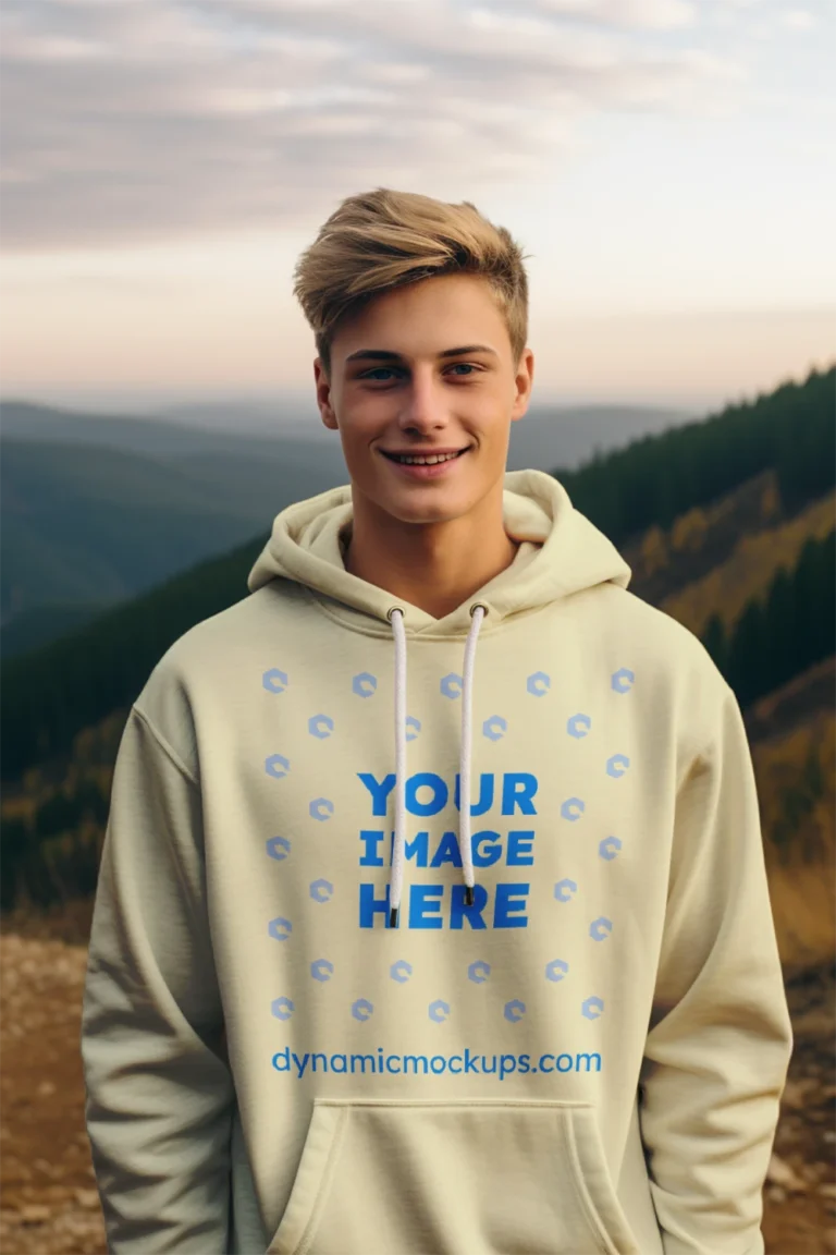 Man Wearing Cream Hoodie Mockup Front View Template