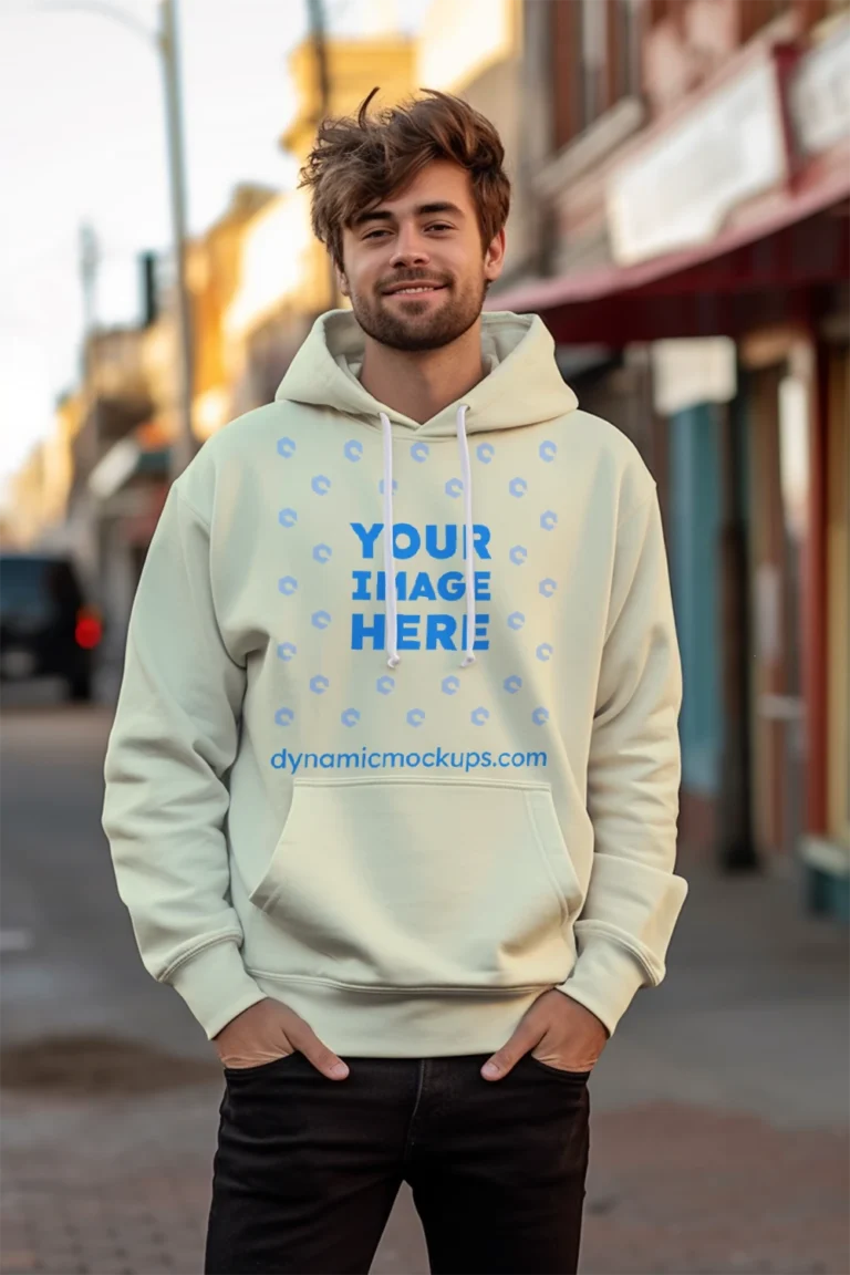 Man Wearing Cream Hoodie Mockup Front View Template