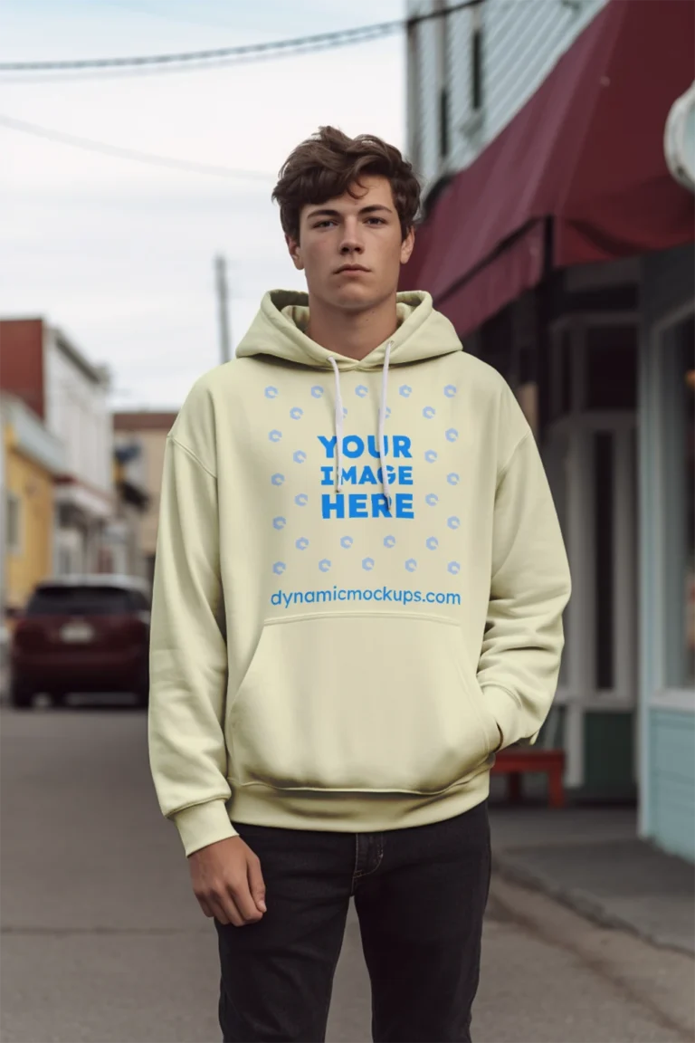 Man Wearing Cream Hoodie Mockup Front View Template