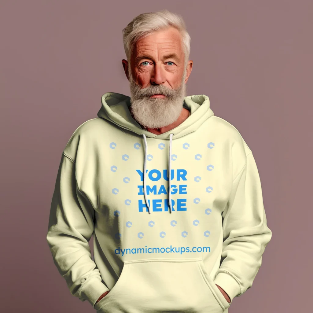 Man Wearing Cream Hoodie Mockup Front View Template