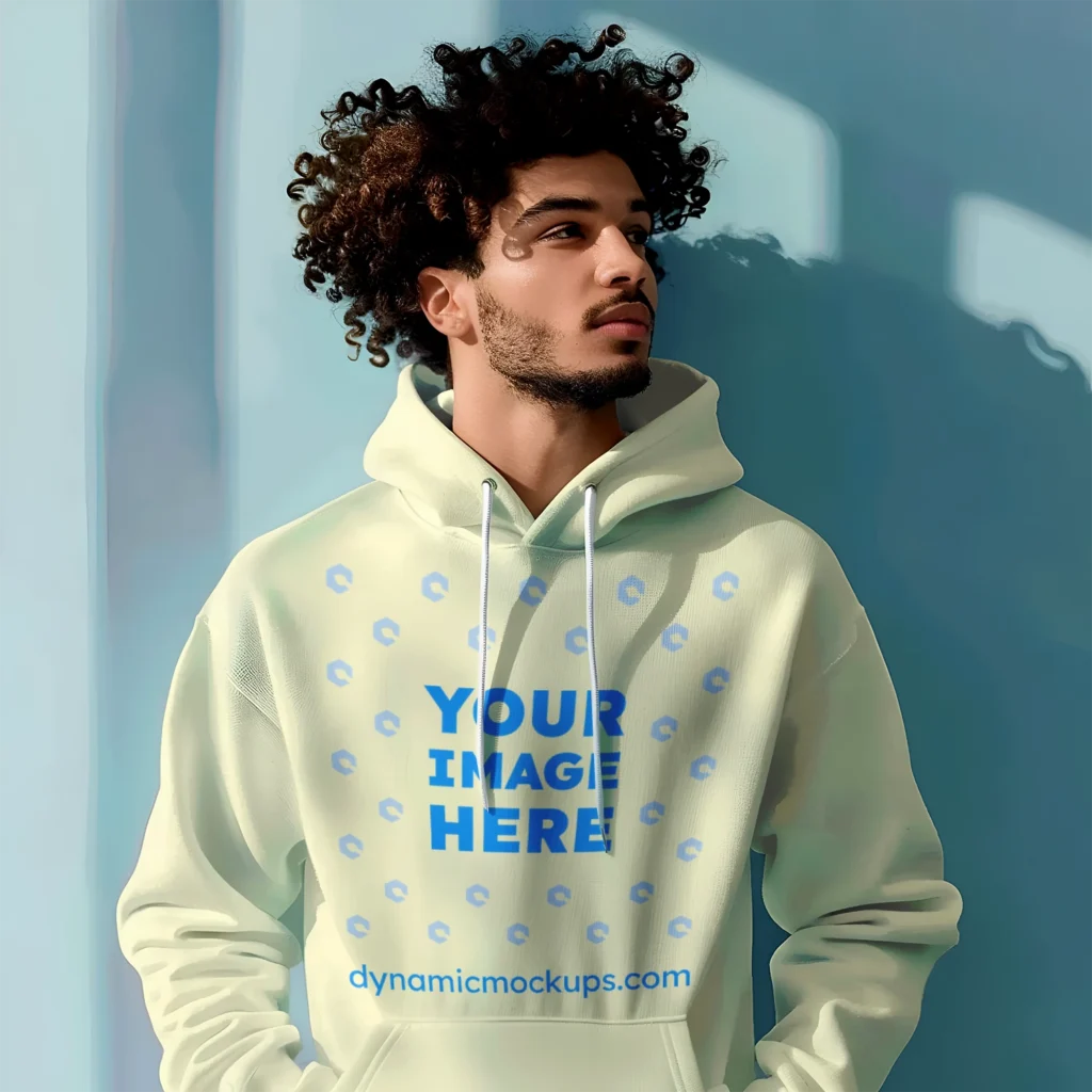 Man Wearing Cream Hoodie Mockup Front View Template