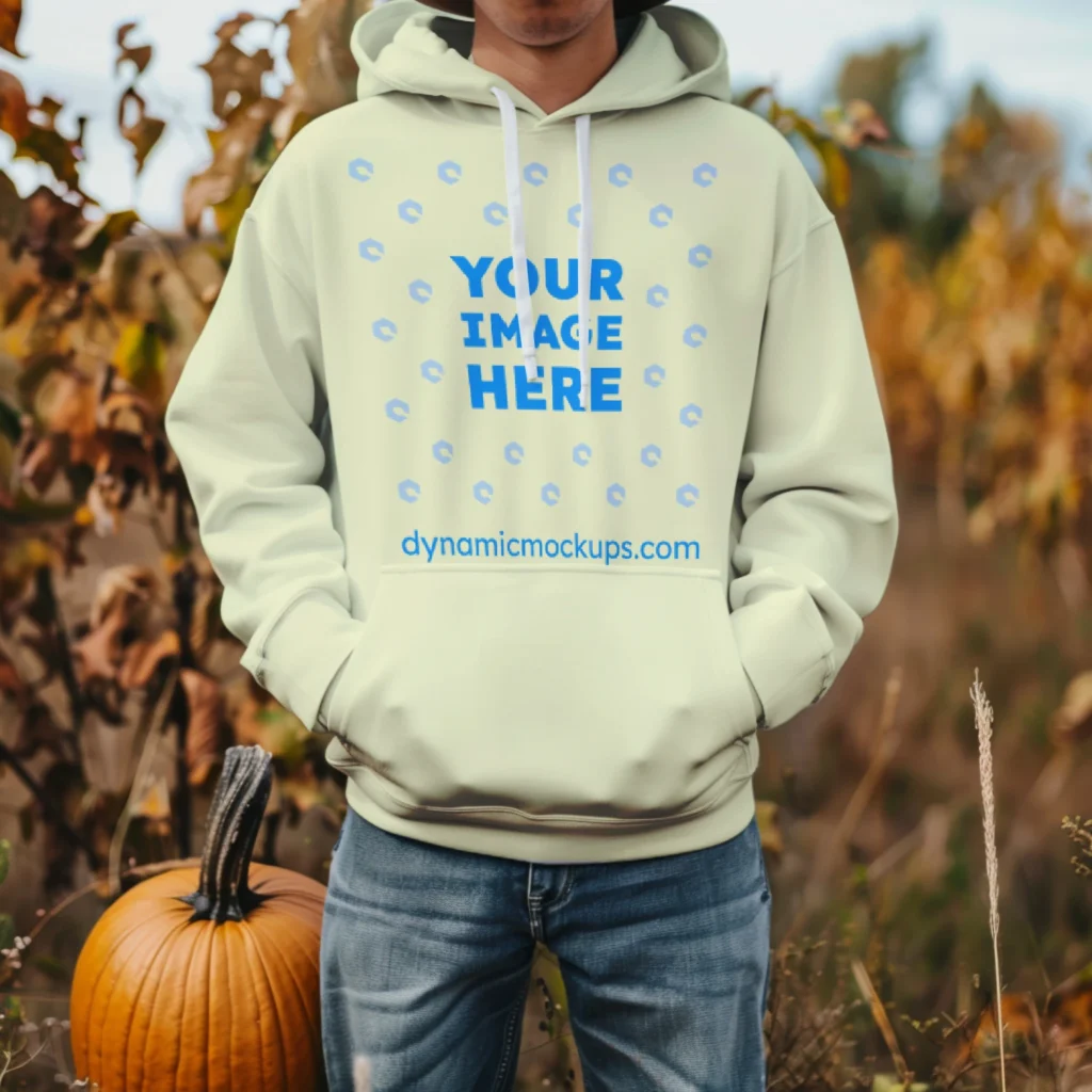 Man Wearing Cream Hoodie Mockup Front View Template