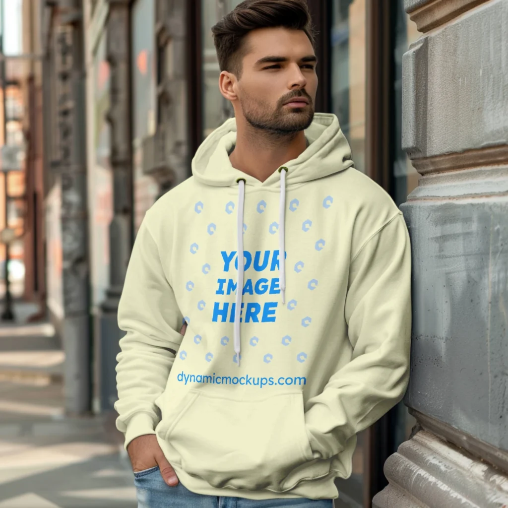 Man Wearing Cream Hoodie Mockup Front View Template