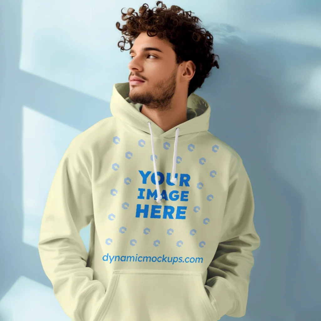 Man Wearing Cream Hoodie Mockup Front View Template