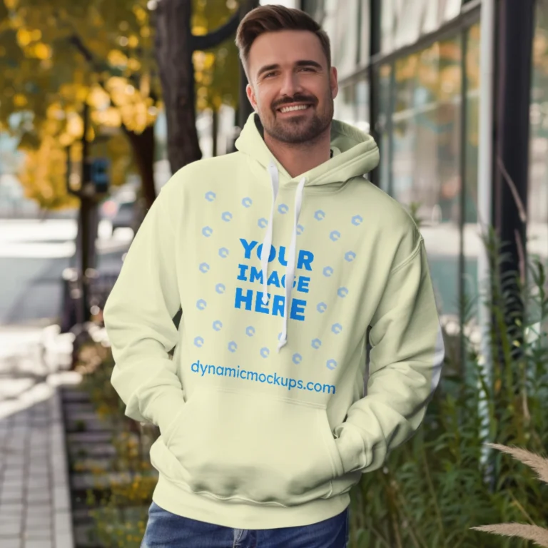 Man Wearing Cream Hoodie Mockup Front View Template