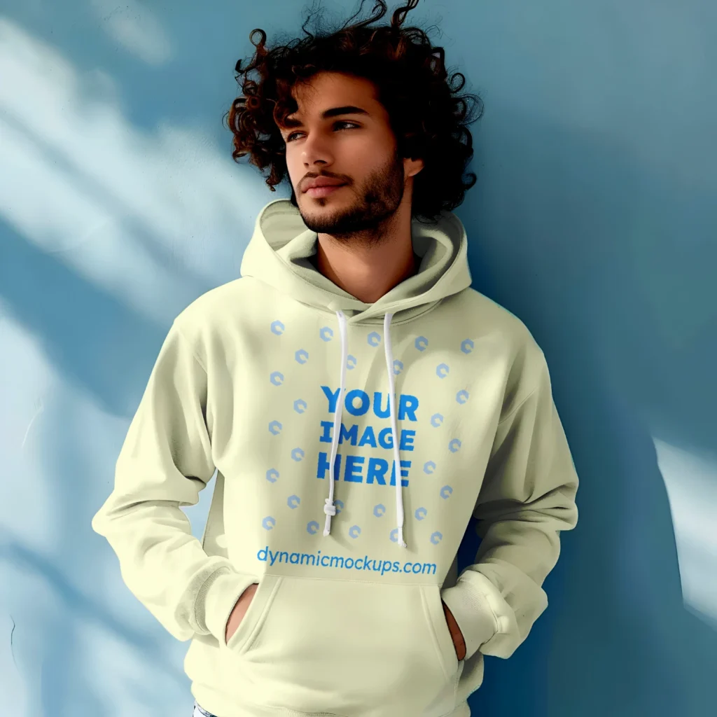 Man Wearing Cream Hoodie Mockup Front View Template