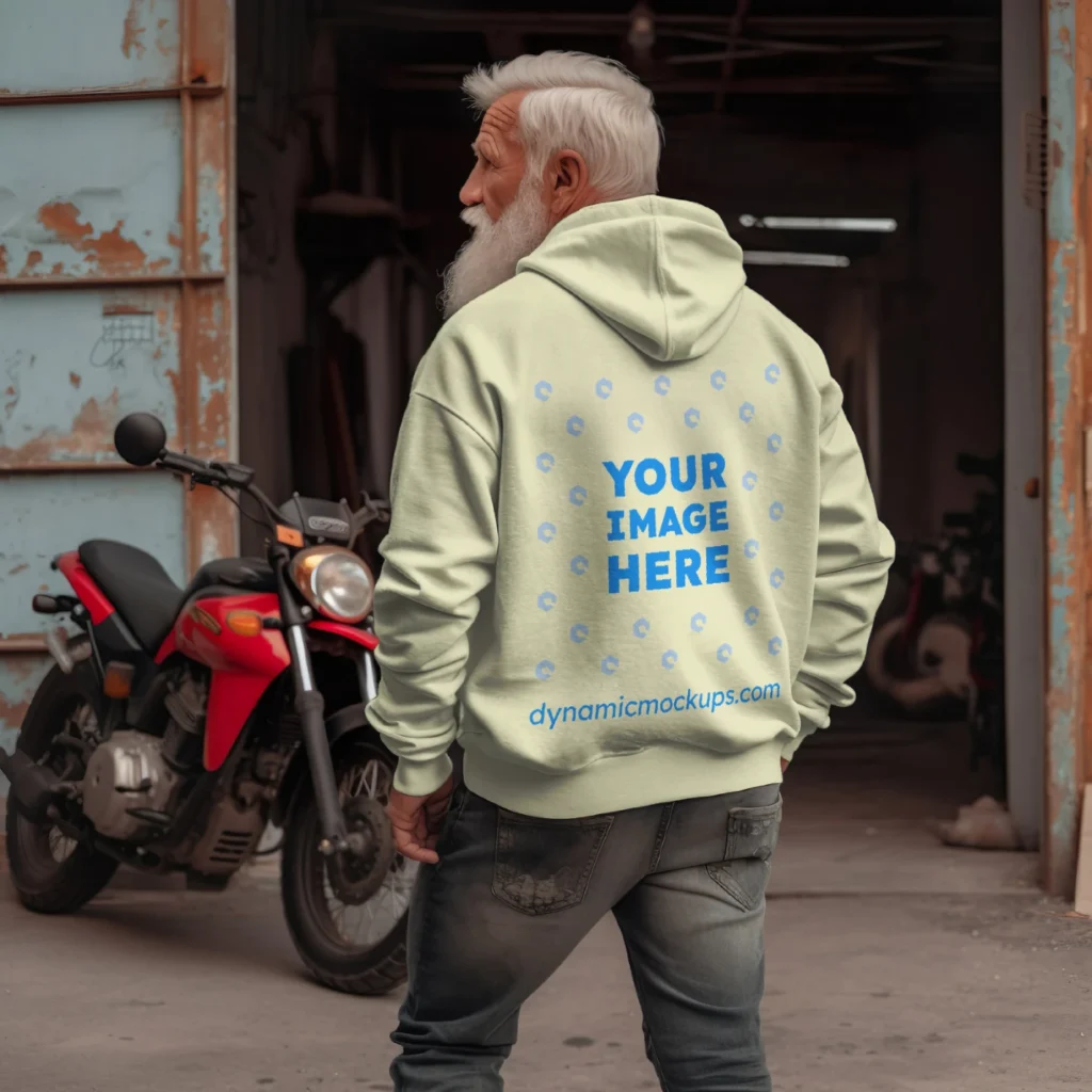 Man Wearing Cream Hoodie Mockup Back View Template