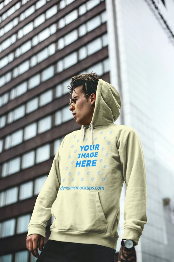 Man Wearing Cream Hoodie Mockup Front View Template