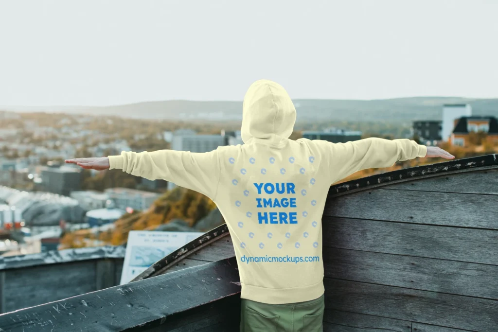 Man Wearing Cream Hoodie Mockup Back View Template