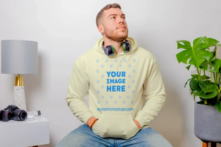 Man Wearing Cream Hoodie Mockup Front View Template