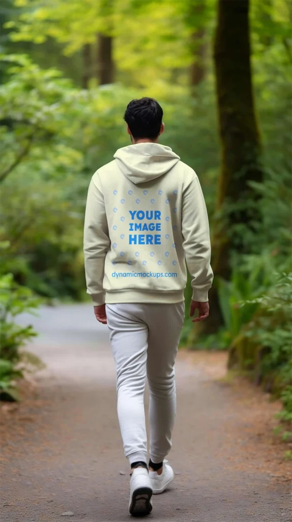 Man Wearing Cream Hoodie Mockup Back View Template