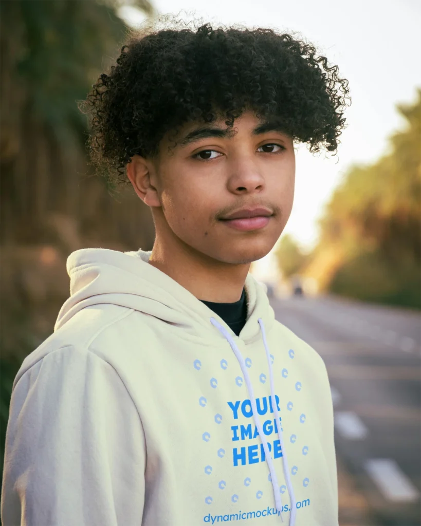 Man Wearing Cream Hoodie Mockup Front View Template