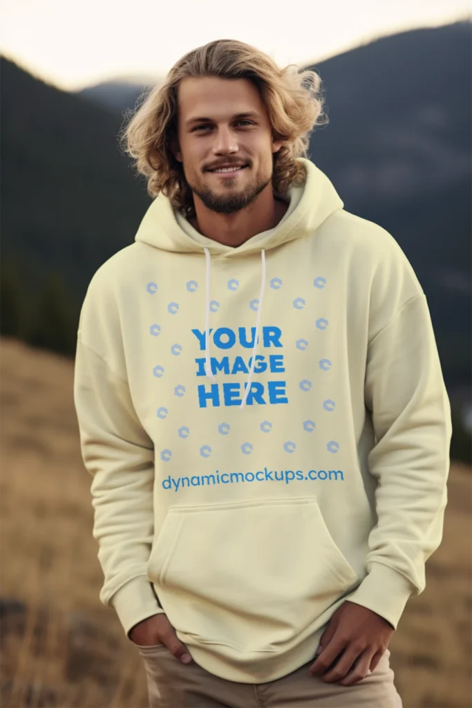 Man Wearing Cream Hoodie Mockup Front View Template