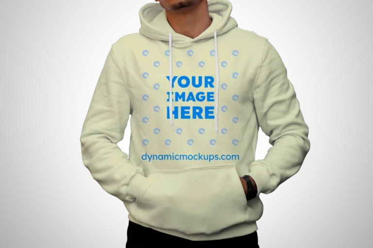 Man Wearing Cream Hoodie Mockup Front View Template