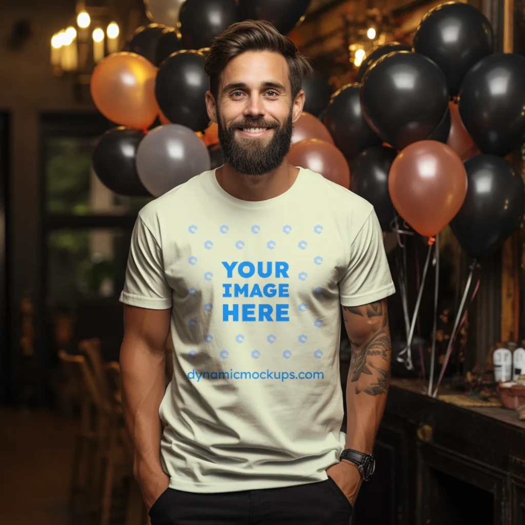 Man Wearing Cream T-shirt Mockup Front View Template