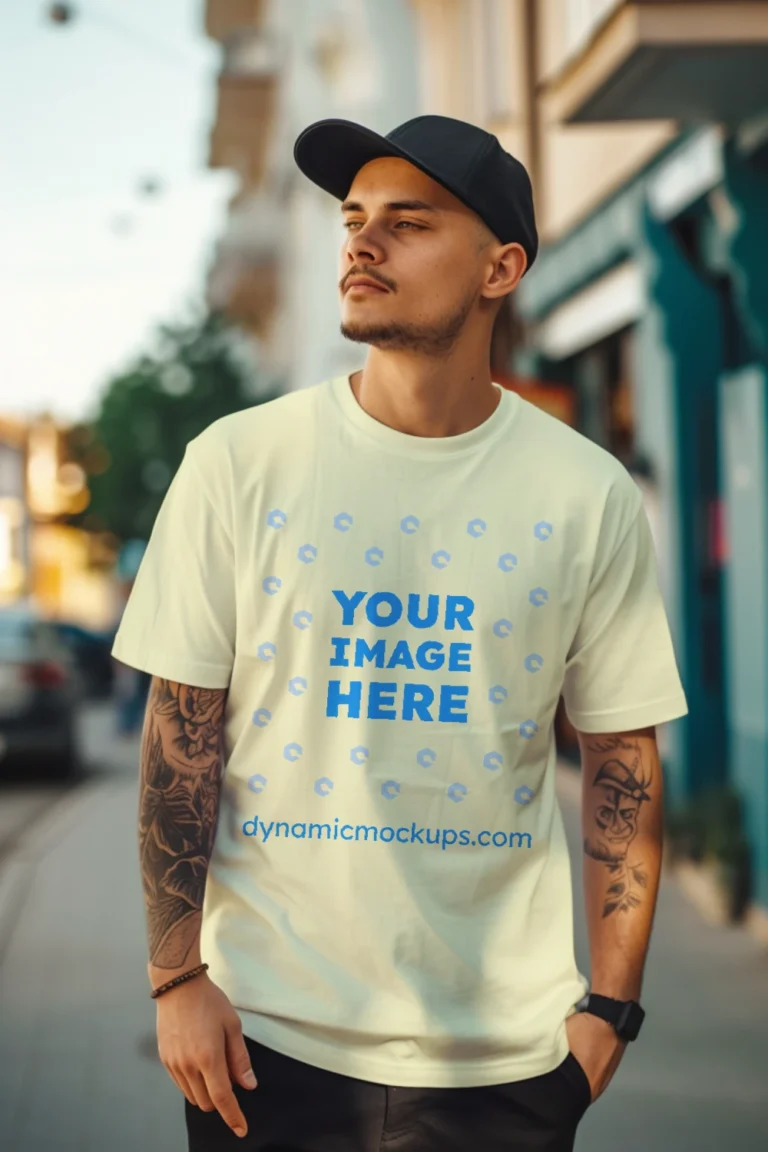 Man Wearing Cream T-shirt Mockup Front View Template