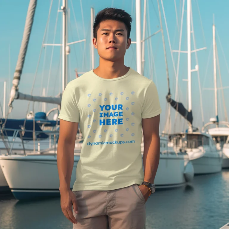 Man Wearing Cream T-shirt Mockup Front View Template