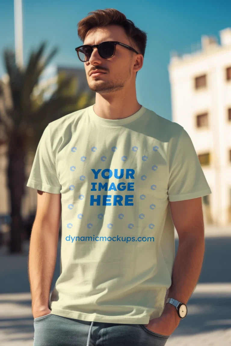 Man Wearing Cream T-shirt Mockup Front View Template