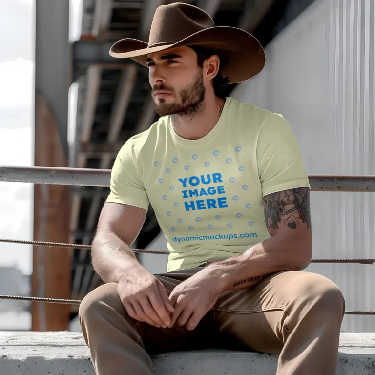 Man Wearing Cream T-shirt Mockup Front View Template