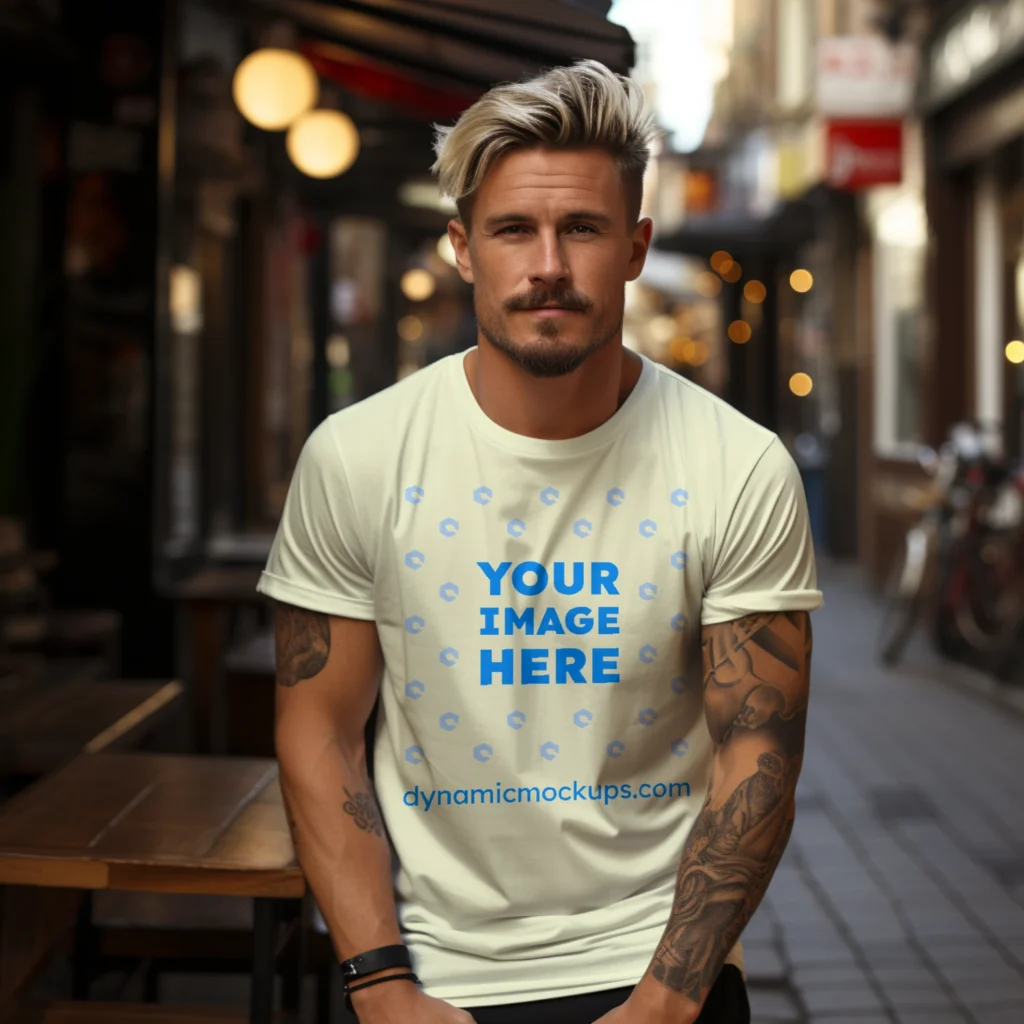 Man Wearing Cream T-shirt Mockup Front View Template