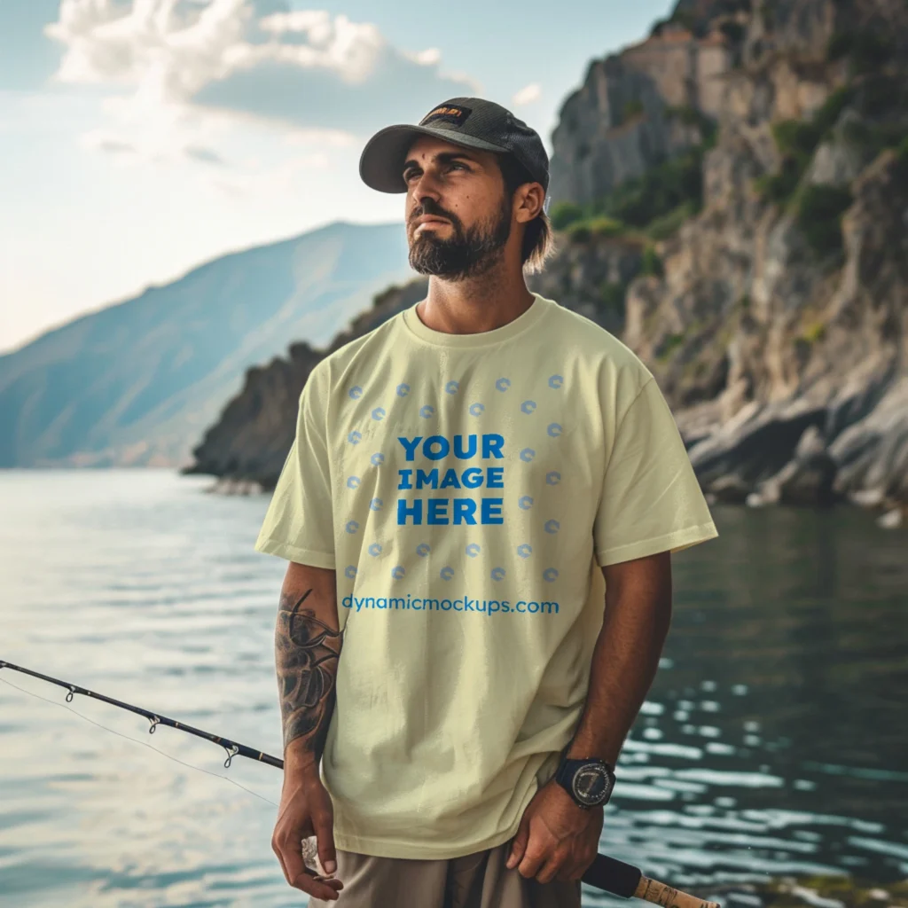 Man Wearing Cream T-shirt Mockup Front View Template