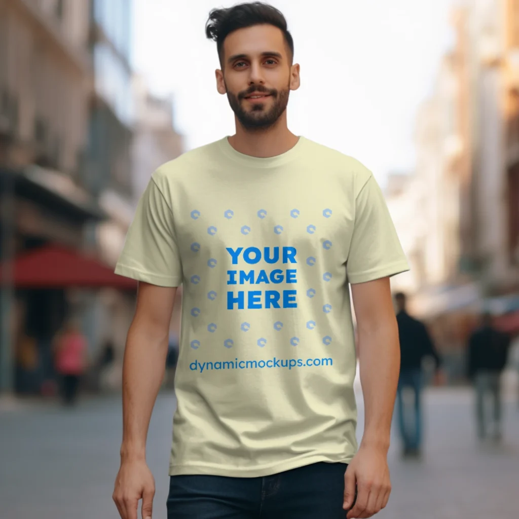 Man Wearing Cream T-shirt Mockup Front View Template