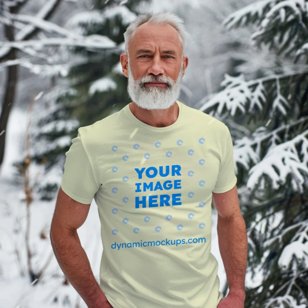 Man Wearing Cream T-shirt Mockup Front View Template