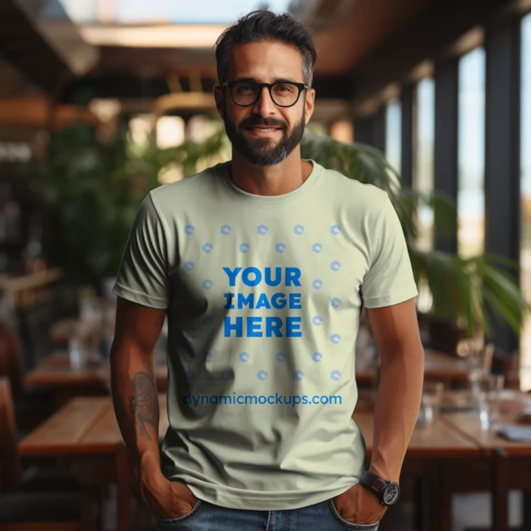 Man Wearing Cream T-shirt Mockup Front View Template