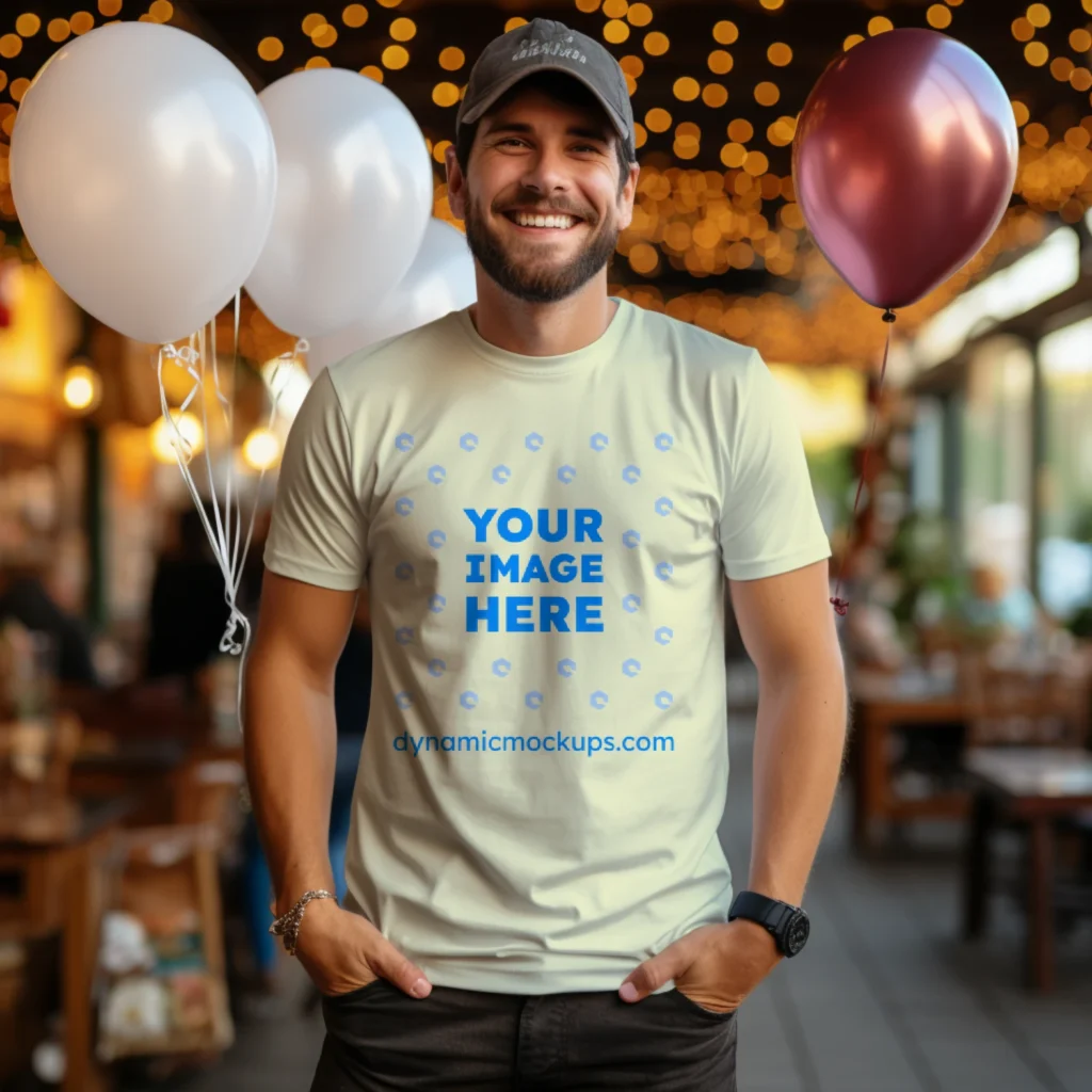 Man Wearing Cream T-shirt Mockup Front View Template