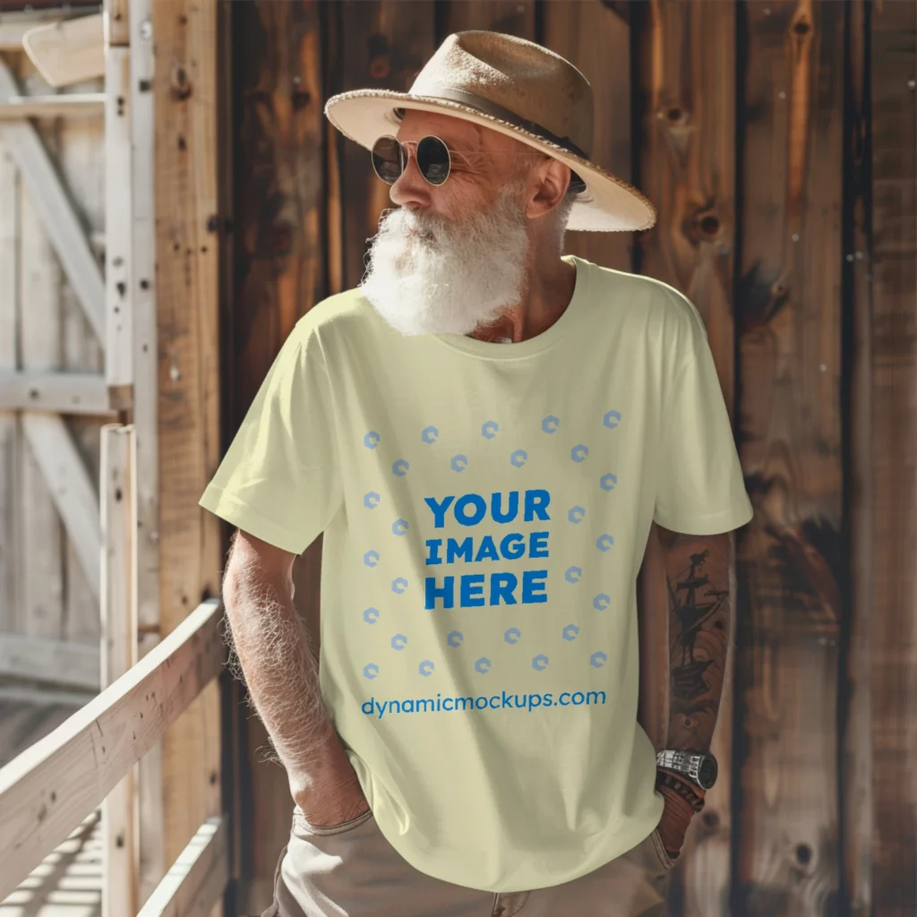 Man Wearing Cream T-shirt Mockup Front View Template