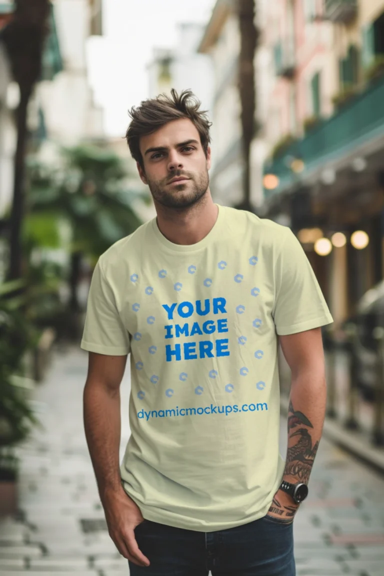 Man Wearing Cream T-shirt Mockup Front View Template