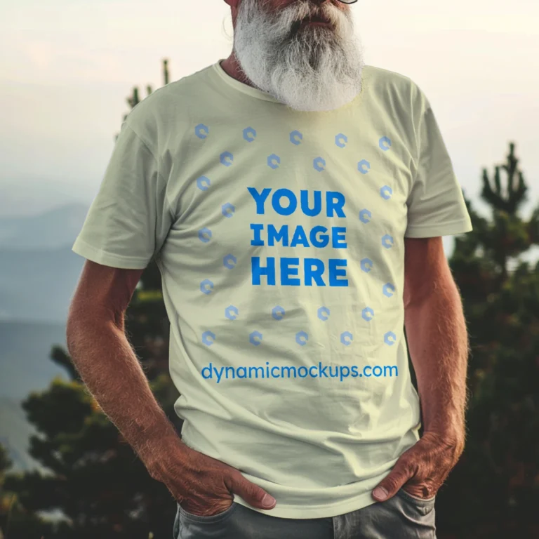 Man Wearing Cream T-shirt Mockup Front View Template