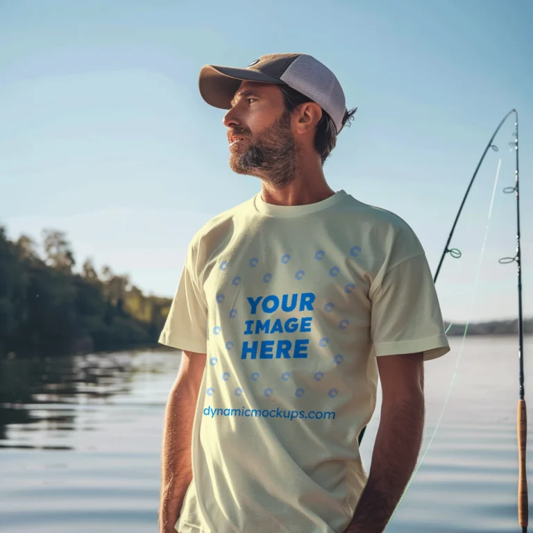 Man Wearing Cream T-shirt Mockup Front View Template