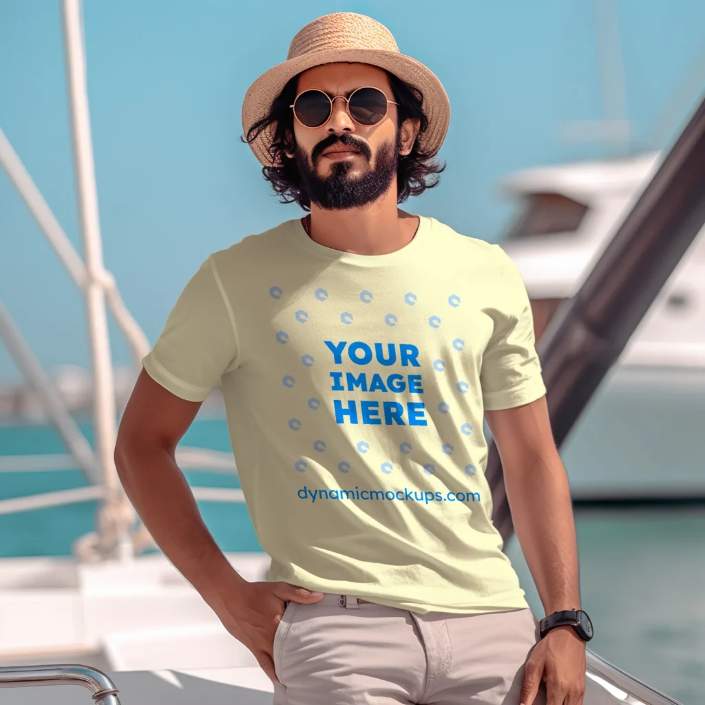 Man Wearing Cream T-shirt Mockup Front View Template