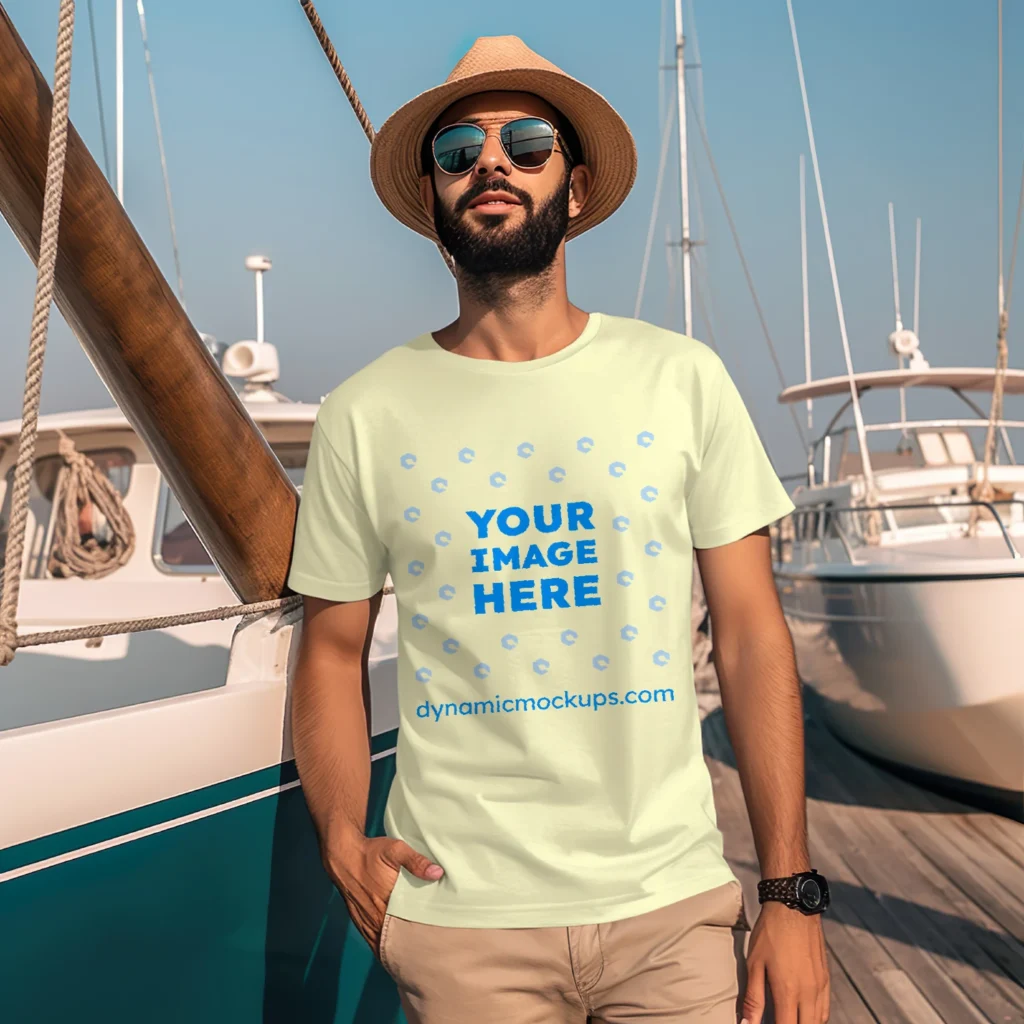 Man Wearing Cream T-shirt Mockup Front View Template