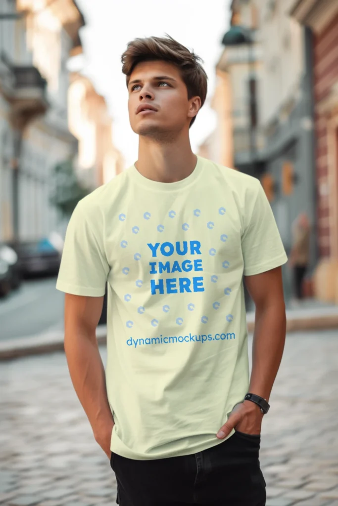 Man Wearing Cream T-shirt Mockup Front View Template