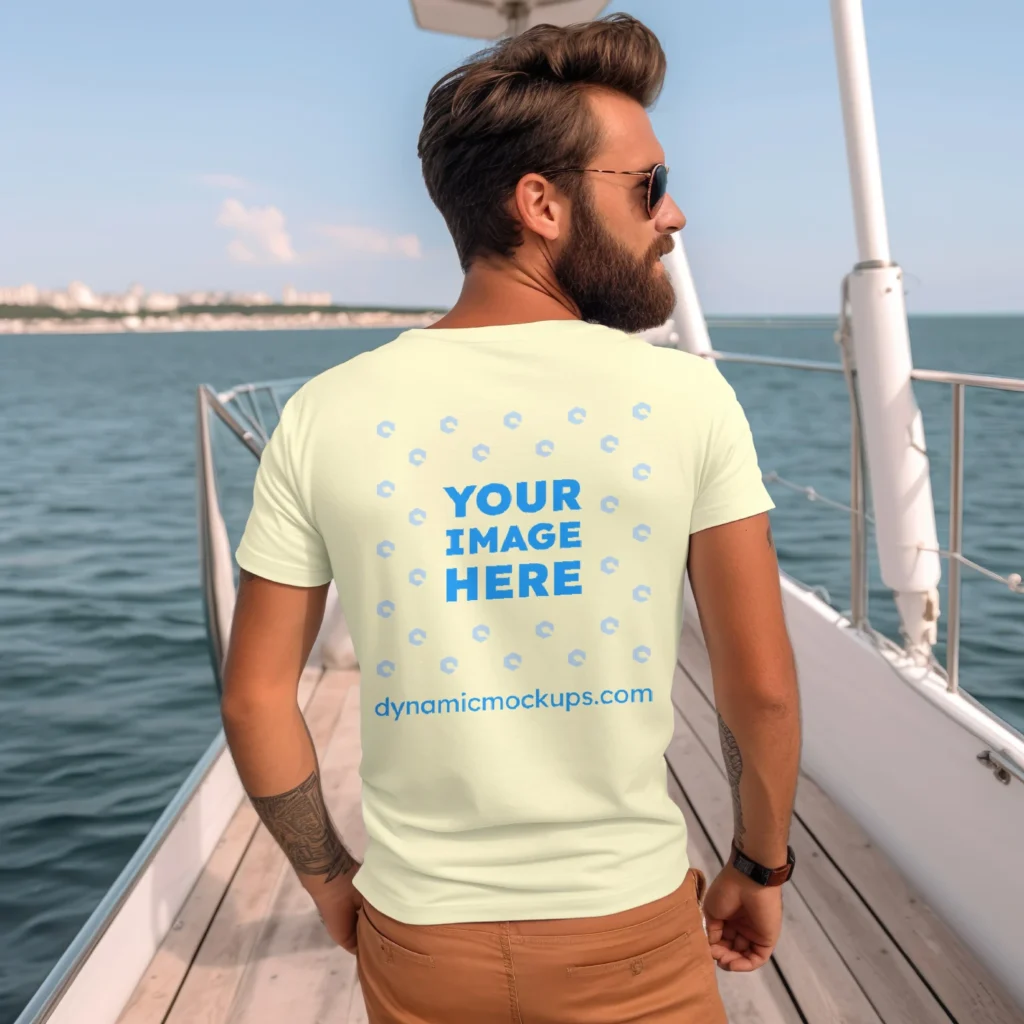 Man Wearing Cream T-shirt Mockup Back View Template