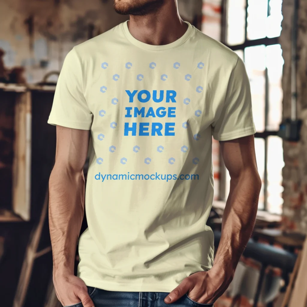 Man Wearing Cream T-shirt Mockup Front View Template