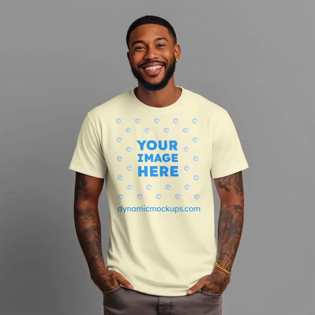 Man Wearing Cream T-shirt Mockup Front View Template