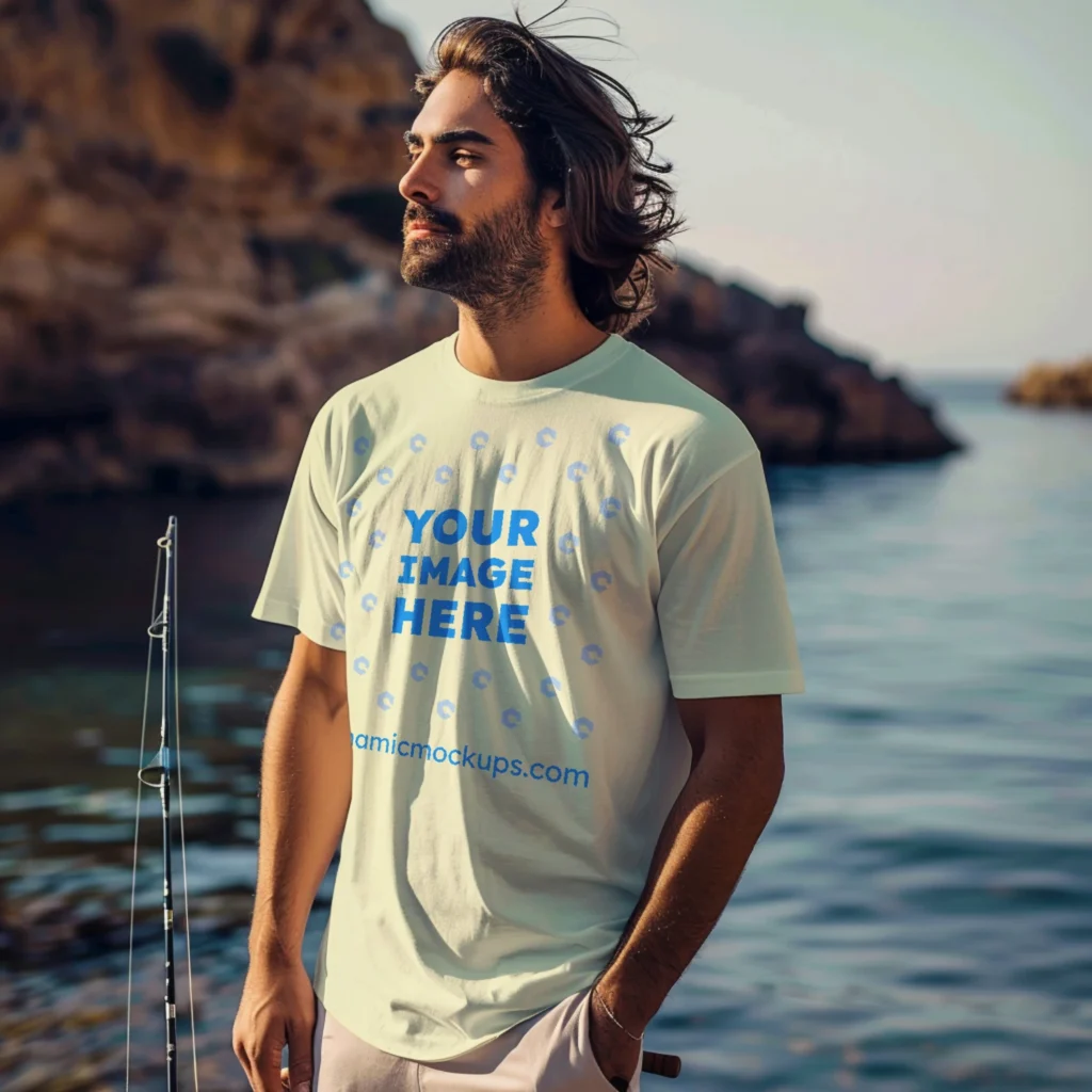 Man Wearing Cream T-shirt Mockup Front View Template