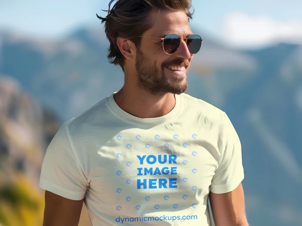 Man Wearing Cream T-shirt Mockup Front View Template