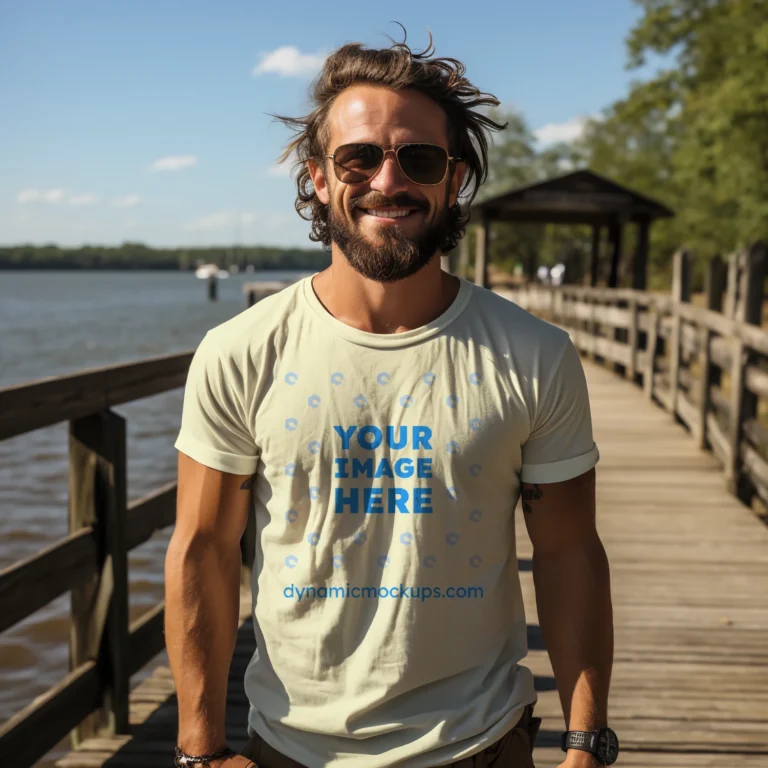 Man Wearing Cream T-shirt Mockup Front View Template