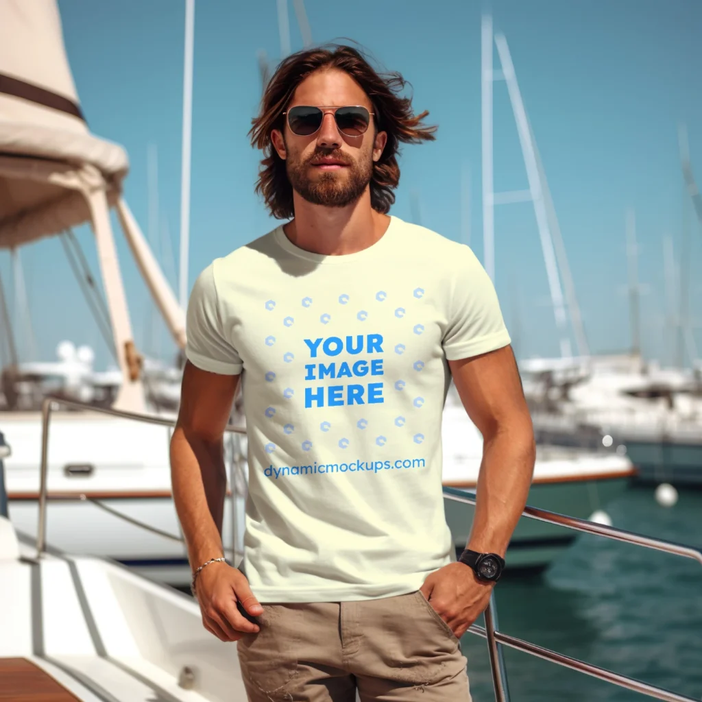 Man Wearing Cream T-shirt Mockup Front View Template