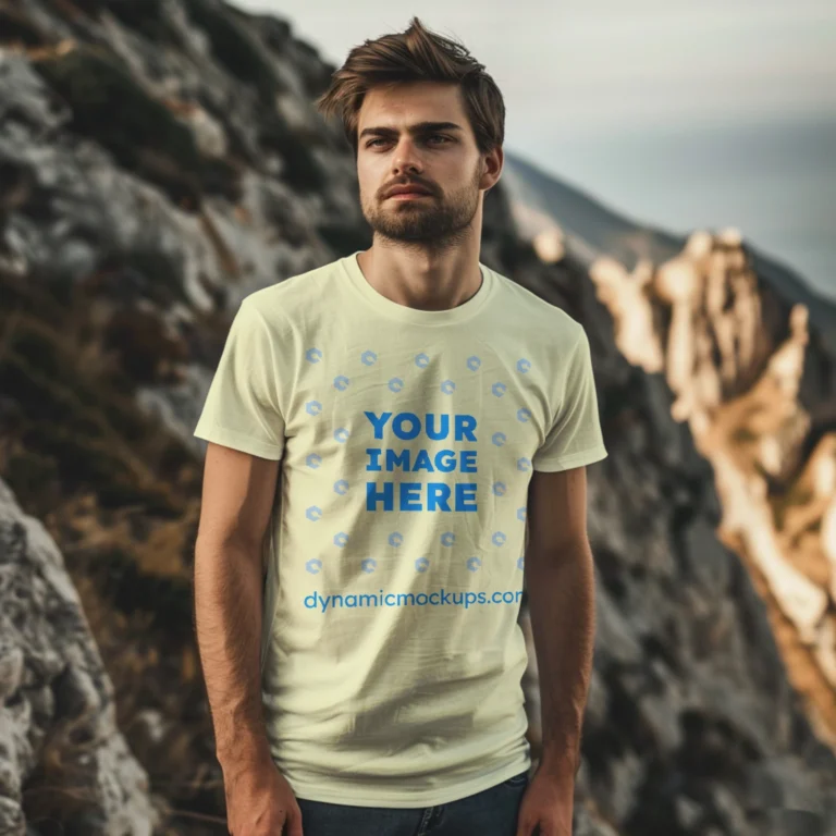 Man Wearing Cream T-shirt Mockup Front View Template