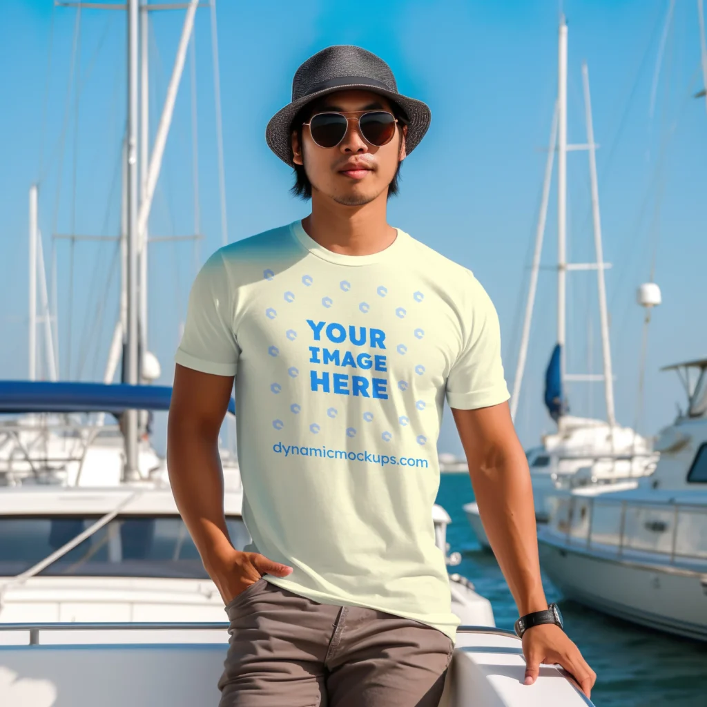 Man Wearing Cream T-shirt Mockup Front View Template