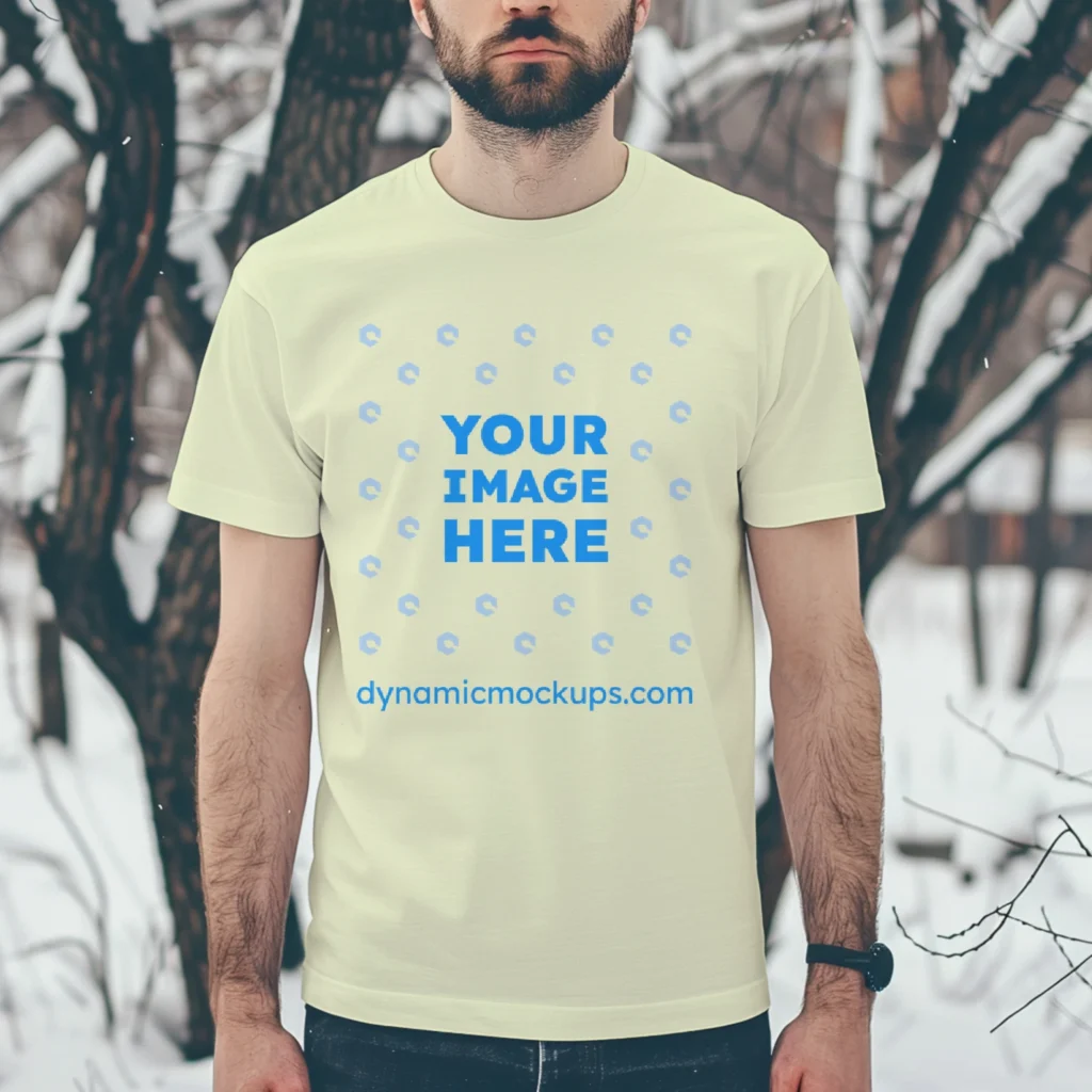 Man Wearing Cream T-shirt Mockup Front View Template