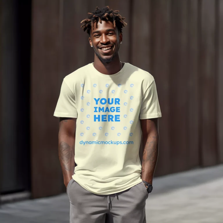 Man Wearing Cream T-shirt Mockup Front View Template