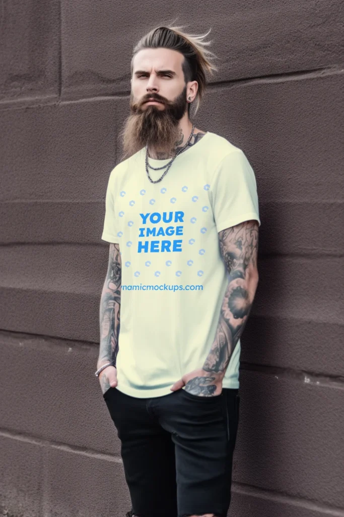 Man Wearing Cream T-shirt Mockup Front View Template