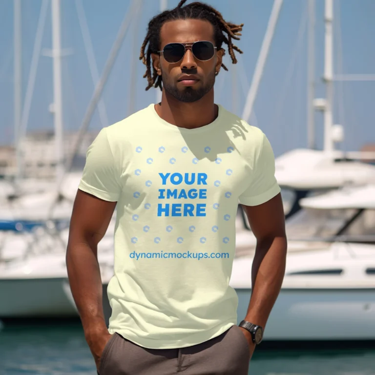 Man Wearing Cream T-shirt Mockup Front View Template